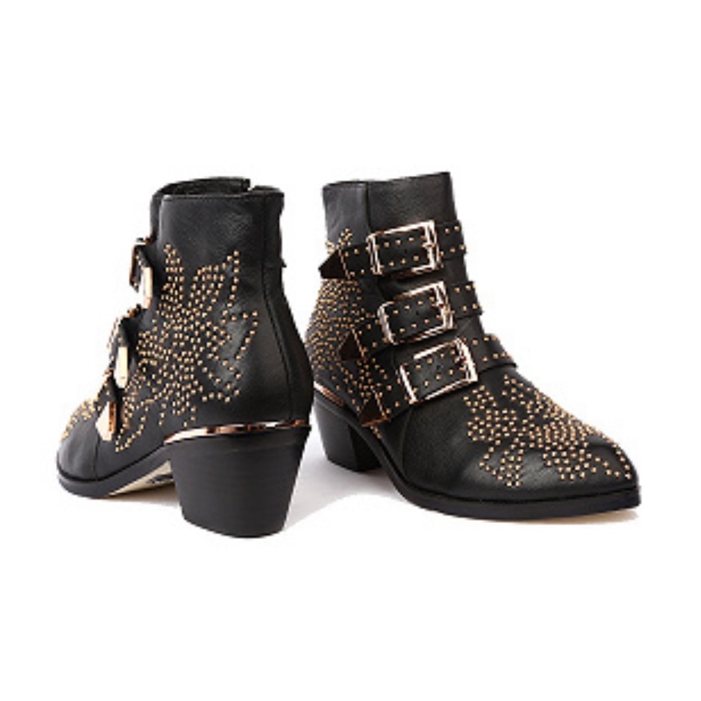 Black Leather Pointed Stud Buckle Strap Ankle Boots
